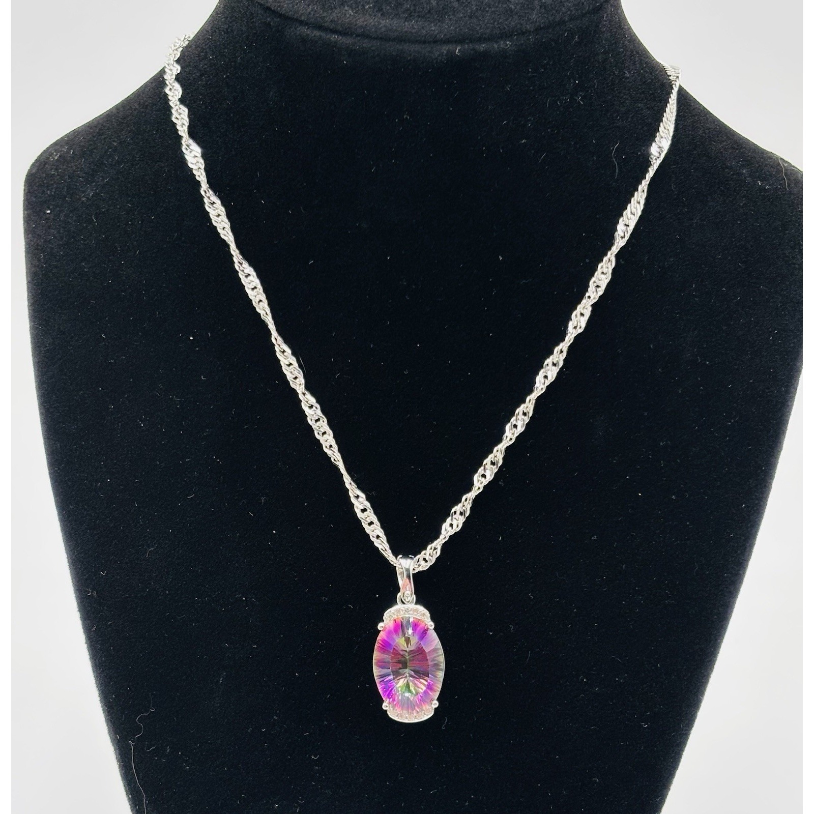 925 Italy Sterling Silver Mystic Topaz Pendant Necklace Rainbow Oval Statement